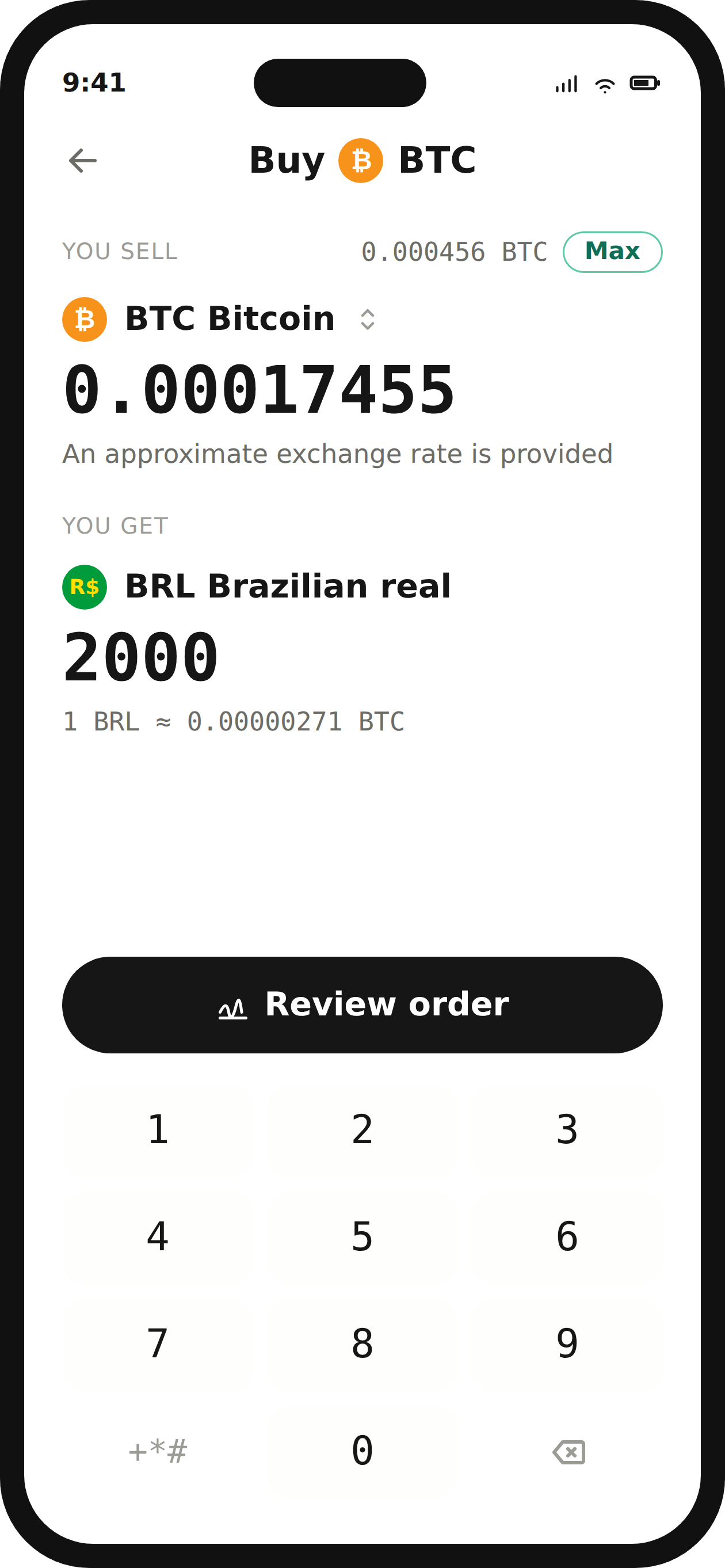 iPhone UI mockup with buy/sell component