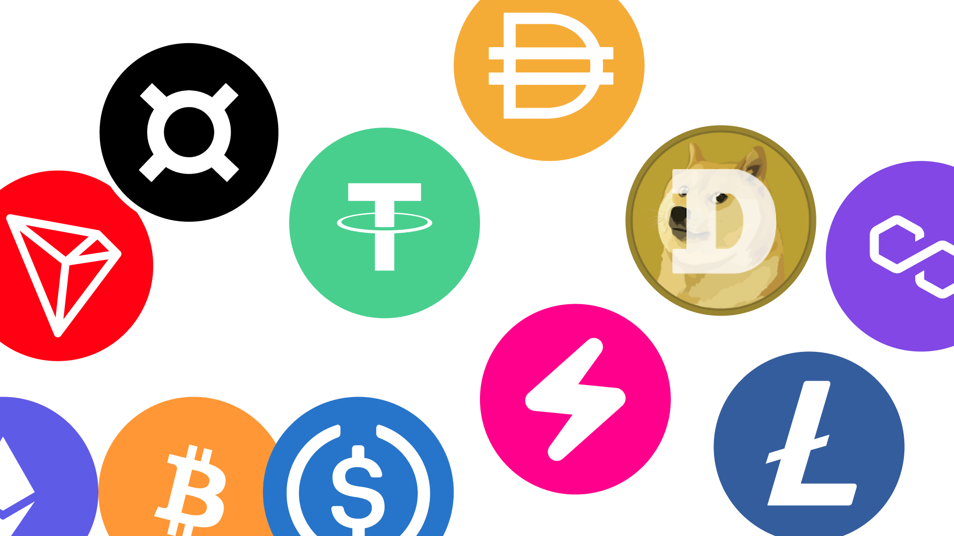Cryptocurrency logos on a dark background